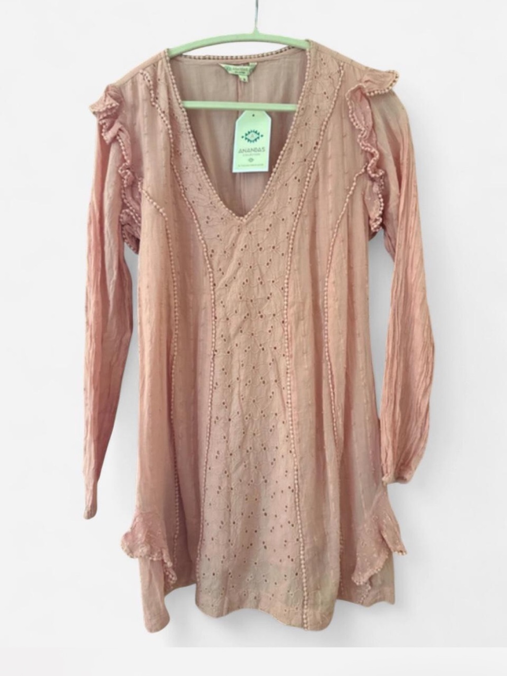 Anandas Dusty Rose V-Neck Midi Dress with Eyelet Detail